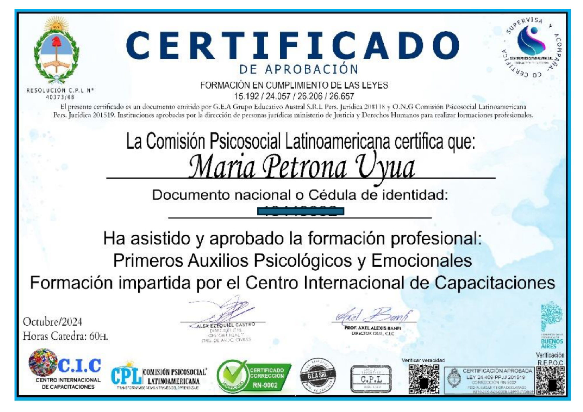Certificado Comisión Psicosocial Latinoamericana